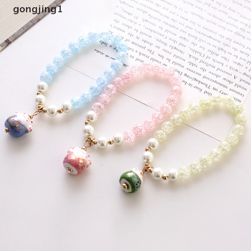 Ggg Wanita Kucing Beruntung Kristal Pesona Cuff Bangle Manik-Manik Buatan Tangan Gelang Perhiasan Hadiah ID