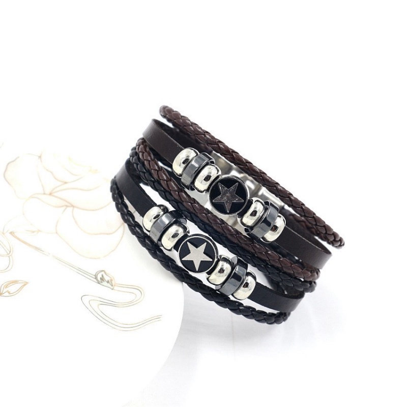 [X C Gelang] Baru Lima Titik Bintang Gaya Gelang Hitam Kulit Vintage Hip Hop Punk Gelang Kulit Cuffles Manik-Manik Multilayer Zinc Alloy Anyaman Gelang