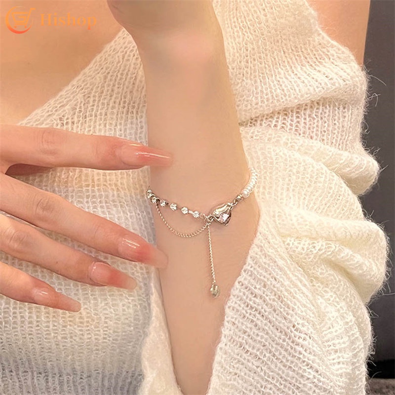 Gelang Hati Zirkon Merah Muda Elegan Untuk Wanita Mutiara Splice Jumbai Rantai Silver Bracelets Aksesoris Fashion Perhiasan