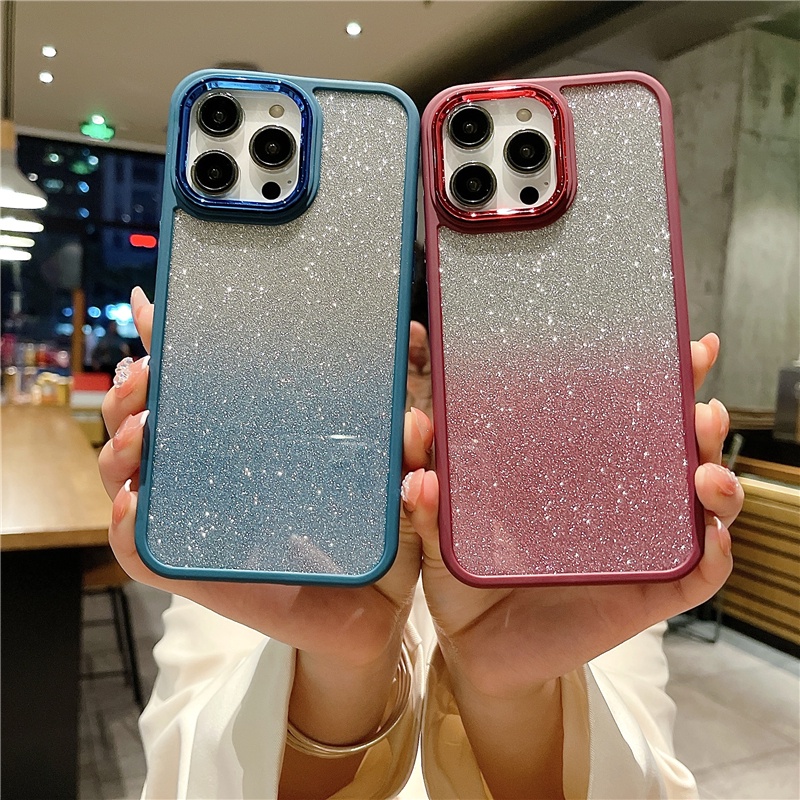 IPHONE Jam Kertas Gradasi Glitter+Plat Belakang Transparan Akrilik Electroplated Untuk Iphone14 13 12 11 Pro Max Hard Casing Pelindung