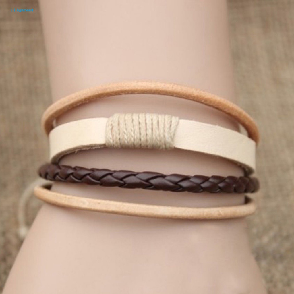 Lilyscent Dua Warna Cuff Bracelet Untuk Belanja Multi-layer Kulit Imitasi Braided Bracelet Eye-catching