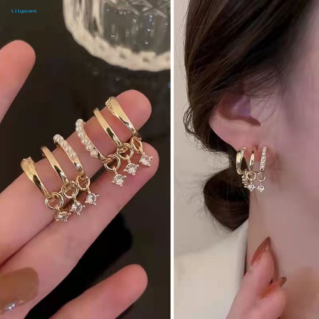 Lilyscent 1pasang Warna Emas Wanita Anting Perhiasan Aksesori Diperhiasan Berlian Imitasi Mutiara Imitasi Stud Earrings U Shape