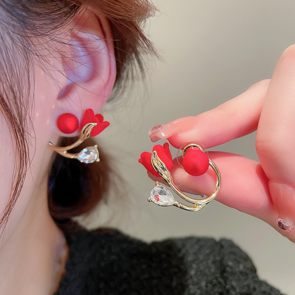 Deartiara Sepasang Anting Mutiara Imitasi Bunga Tulip Retro Merah Dengan Anting High-end Dan Bergaya