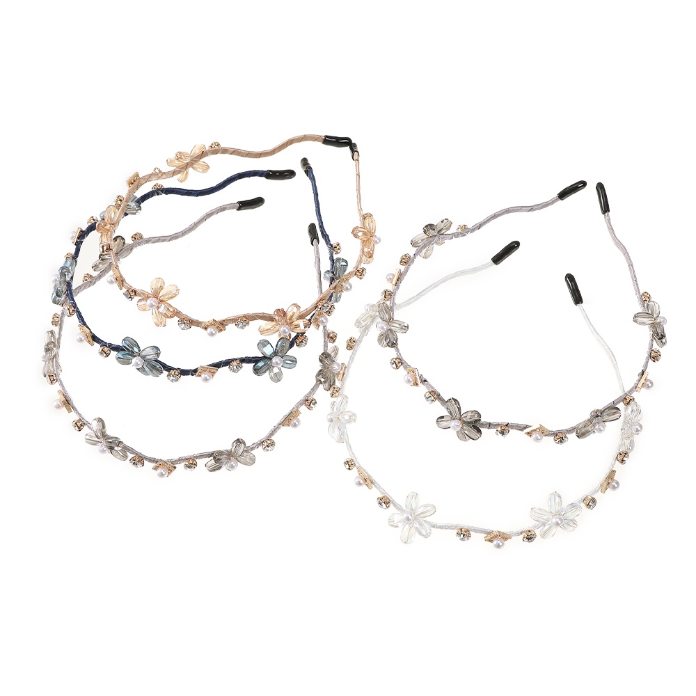 Korea Kristal Bunga Rambut Band Fashion Berlian Imitasi Mutiara Bergelombang Headband Woman Hair Accessories