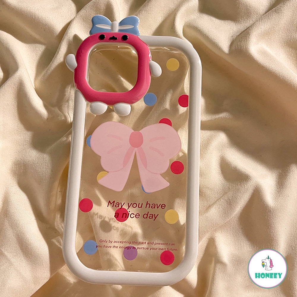 IPHONE 3d Lovely Bow Kamera Ring Handphone Case Untuk Iphone11 14 13 12 Pro Max 14plus Cute Polkadot Armor Back Cover