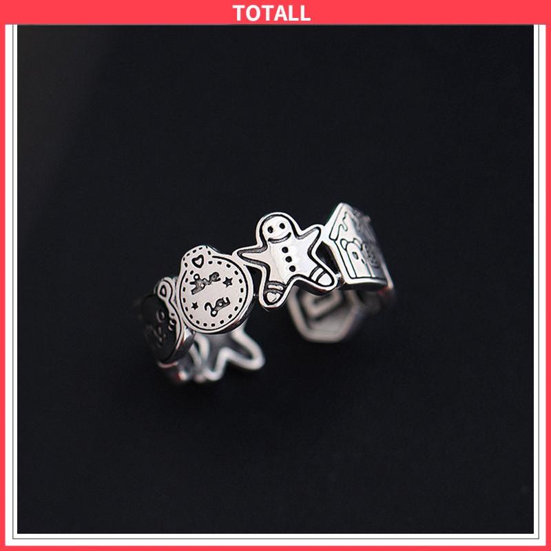 COD Grafiti Perak Gingerbread Man Cincin Terbuka Adjustable Ring Retro Korea Vintage Gaya Untuk Pria Dan Wanita-Totall