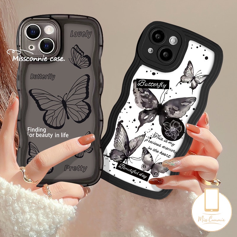 Casing Tepi Bergelombang Redmi 12C 9a1 10 10C 10A A1+9T 9A 9C NFC Redmi Note 10s 11 9s 8 9 11s 11 10 Pro Max Mi 11T Pro POCO M3 X3 NFC Pro Vintage Black Fantasy Bunga Kupu Kupu Sarung Soft Cover