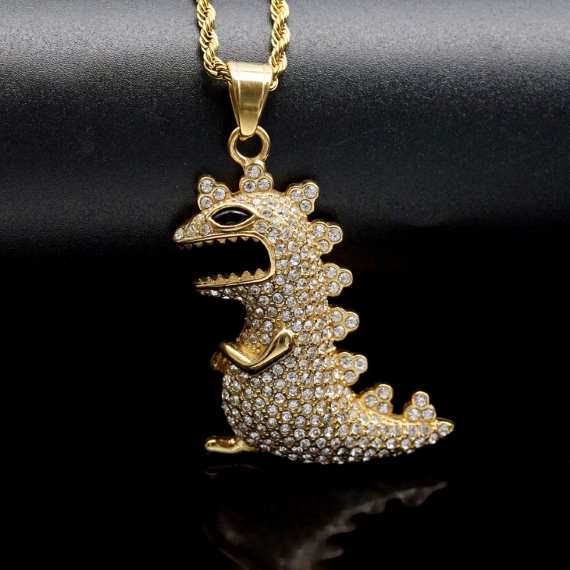 [X C Kalung] Baru Hip Hop Godzilla Dinosaurus Liontin Micro Set Zirkon Kalung Pria Pribadi Punk Stainless Steel Liontin Kalung Hadiah Liburan Perhiasan