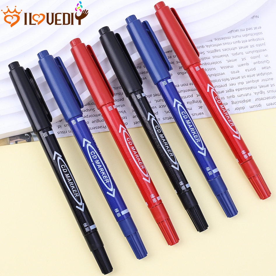 [Unggulan] 1pc Alat Tulis Siswa Penanda Cat Permanen Berbasis Minyak Tidak Luntur Tahan Air Putih Stabilo Kepala Ganda Penanda Hitam Biru Merah Perlengkapan Kantor Sekolah