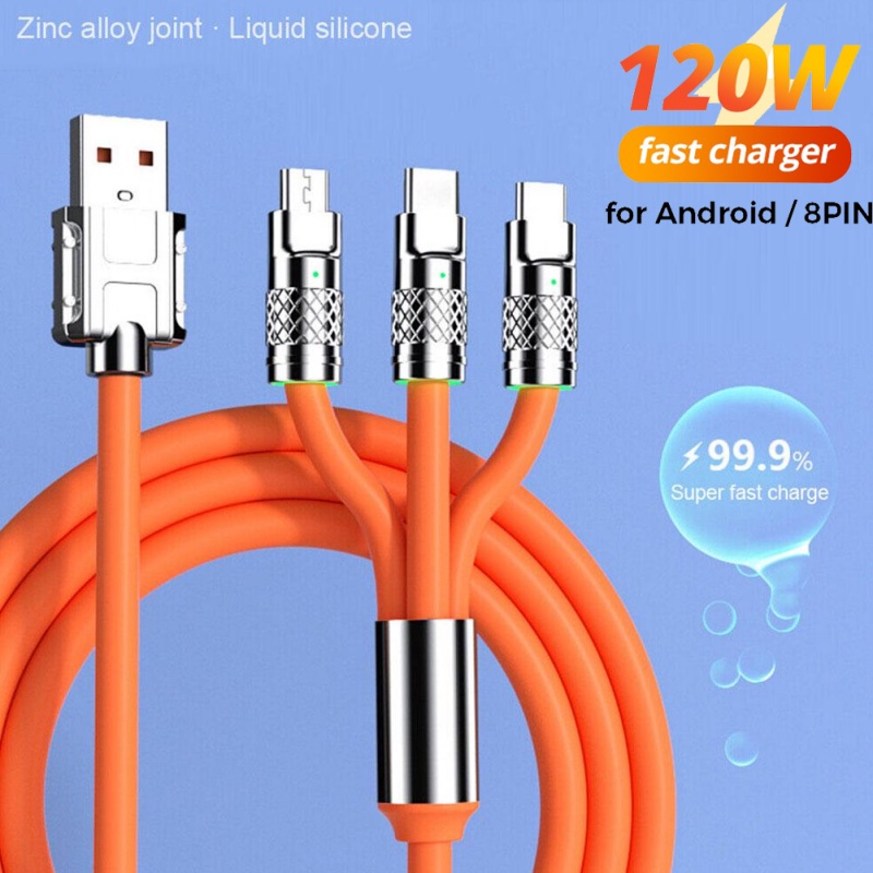 120w Micro USB &amp; Tipe C Super Fast Charging Liquid Silicone USB Ke 8PIN Kabel Dengan Kabel Lampu Quick Charge USB Cable