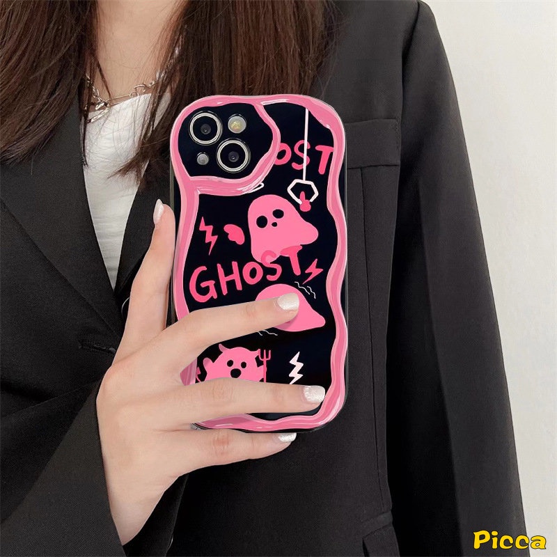 IPHONE Casing Ponsel 3D Wavy Curved Edge Glossy Shockproof Kompatibel Untuk Iphone11 13 12 14 Pro Max XR 78 6 6s Plus X XS Max SE 2020 Lucu Pink Soul Ghost Tpu Soft Cover