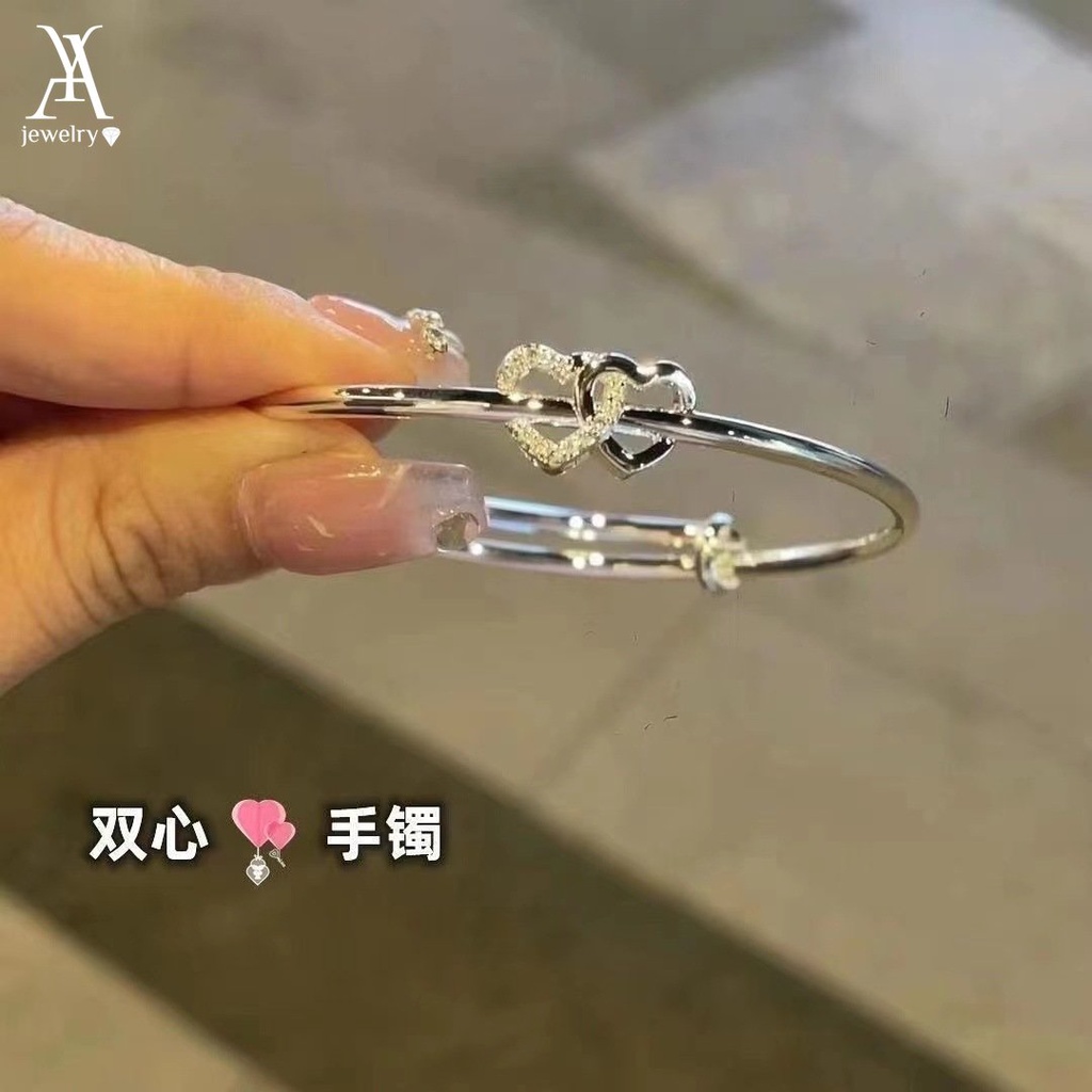 Ay (CN) Gelang Tangan Perak Ganda Hati Bangle Kristal Dapat Disesuaikan Untuk Aksesoris Perhiasan Wanita