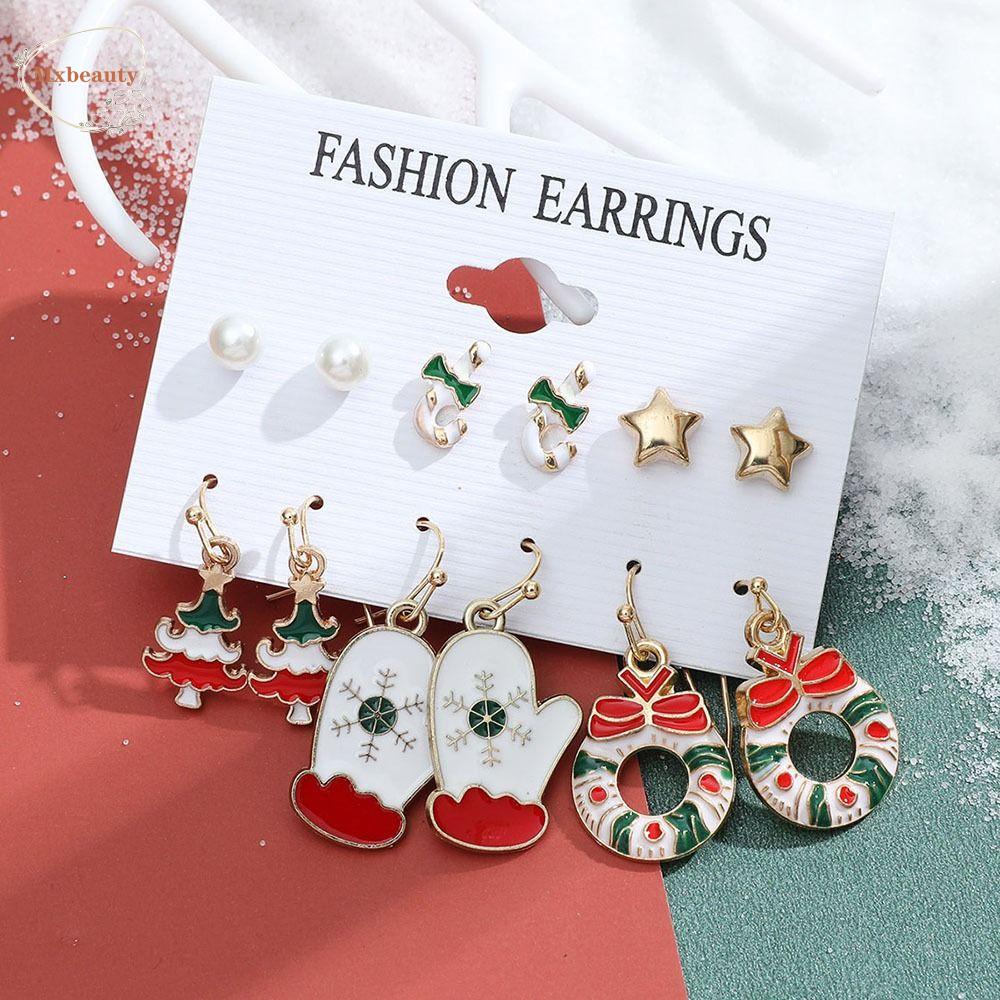 Mxbeauty Anting Tusuk Natal Untuk Anak Perempuan 6pasang/set Sederhana Elk Santa Claus Pohon Natal Snowman Kartun Bell Wanita Drop Earrings