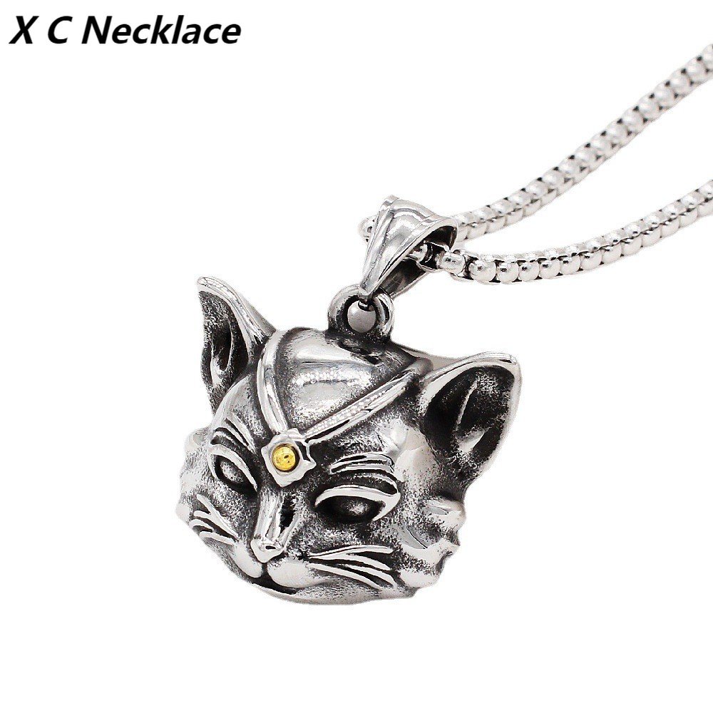 [X C Kalung] Hip Hop Punk Gothic Vintage Perak Wanita Kucing Kalung Titanium Steel Liontin Rock Pesta Perhiasan Fashion