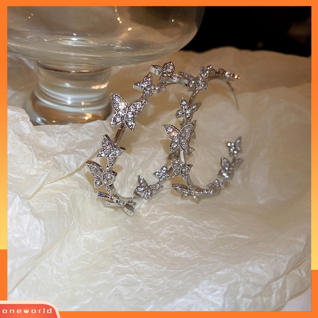 [ONE] 1pasang Liontin Anting Bulat Lingkaran Geometris Kupu-Kupu Dekorasi Berlian Imitasi Mengkilap Huggie Hoop Earrings Perhiasan Aksesoris