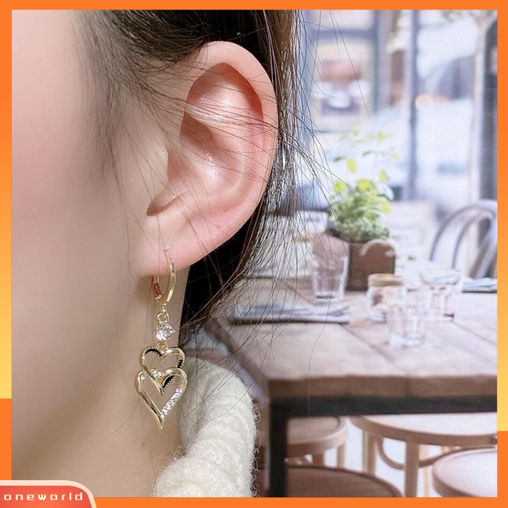 [EONE] 1pasang Anting Menjuntai Retro Gaya Korea Double-layers Cinta Hati Berkilau Berlian Imitasi Drop Earrings Fashion Perhiasan