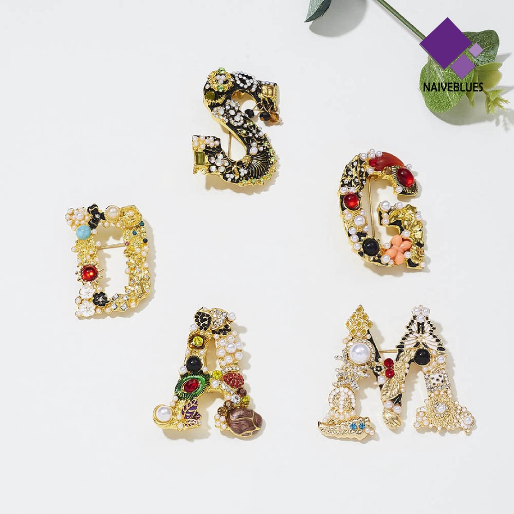 &lt; Naiveblues &gt; Pin Bros Enamel Muti-Warna Fashion Bentuk Huruf Berlian Imitasi Pin Mutiara Imitasi Untuk Pesta