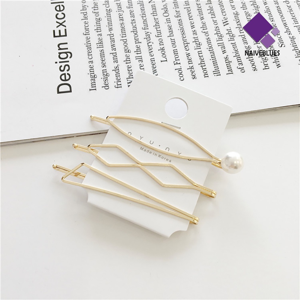 &lt; Naiveblues &gt; 4Pcs/Set Sweet Faux Pearl Metal Barrette Wanita Klip Samping Jepit Rambut