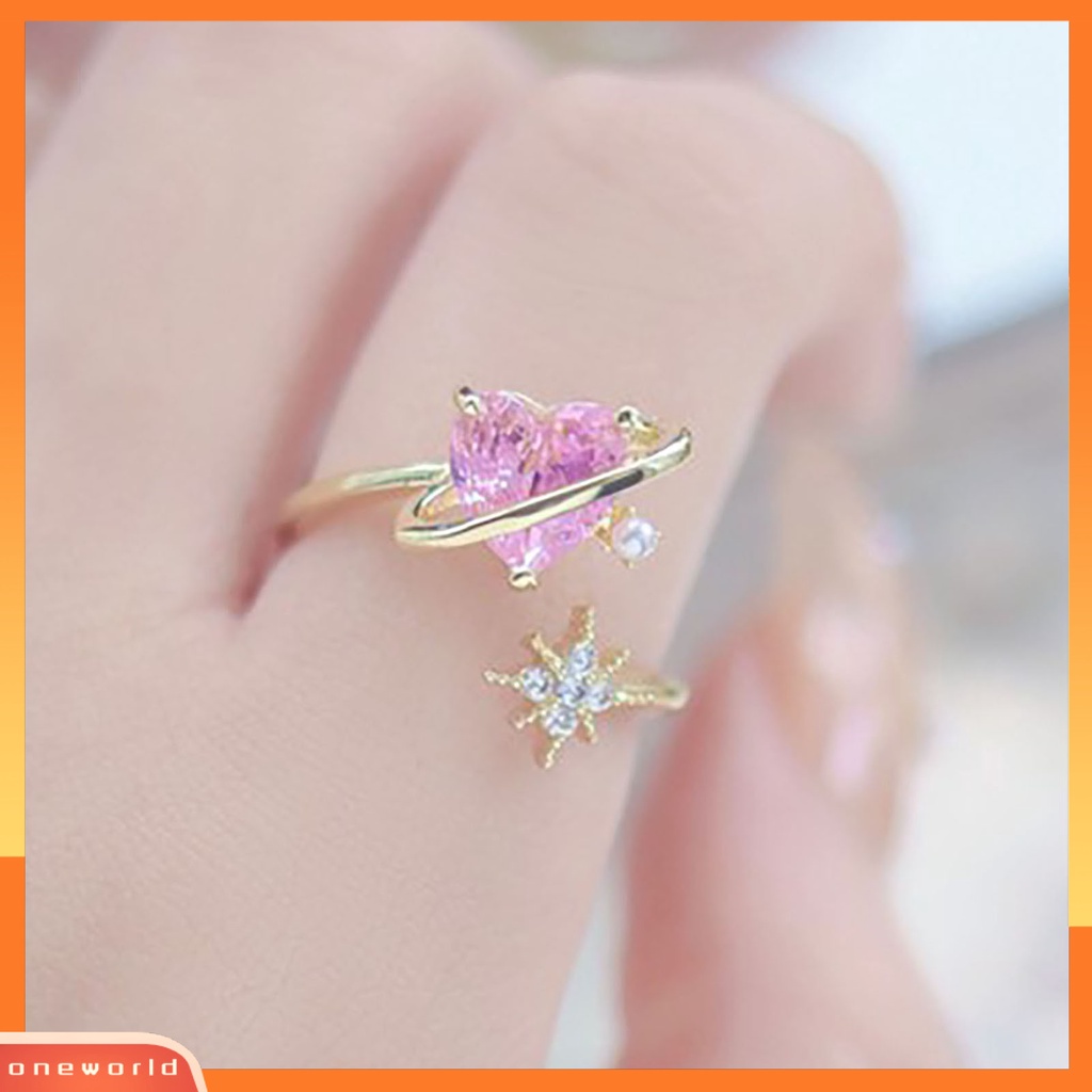 [EONE] Berlian Imitasi Bersinar Dapat Disesuaikan Wanita Cincin Pink Cubic Zirconia Jantung Pembukaan Cincin Perhiasan Aksesoris