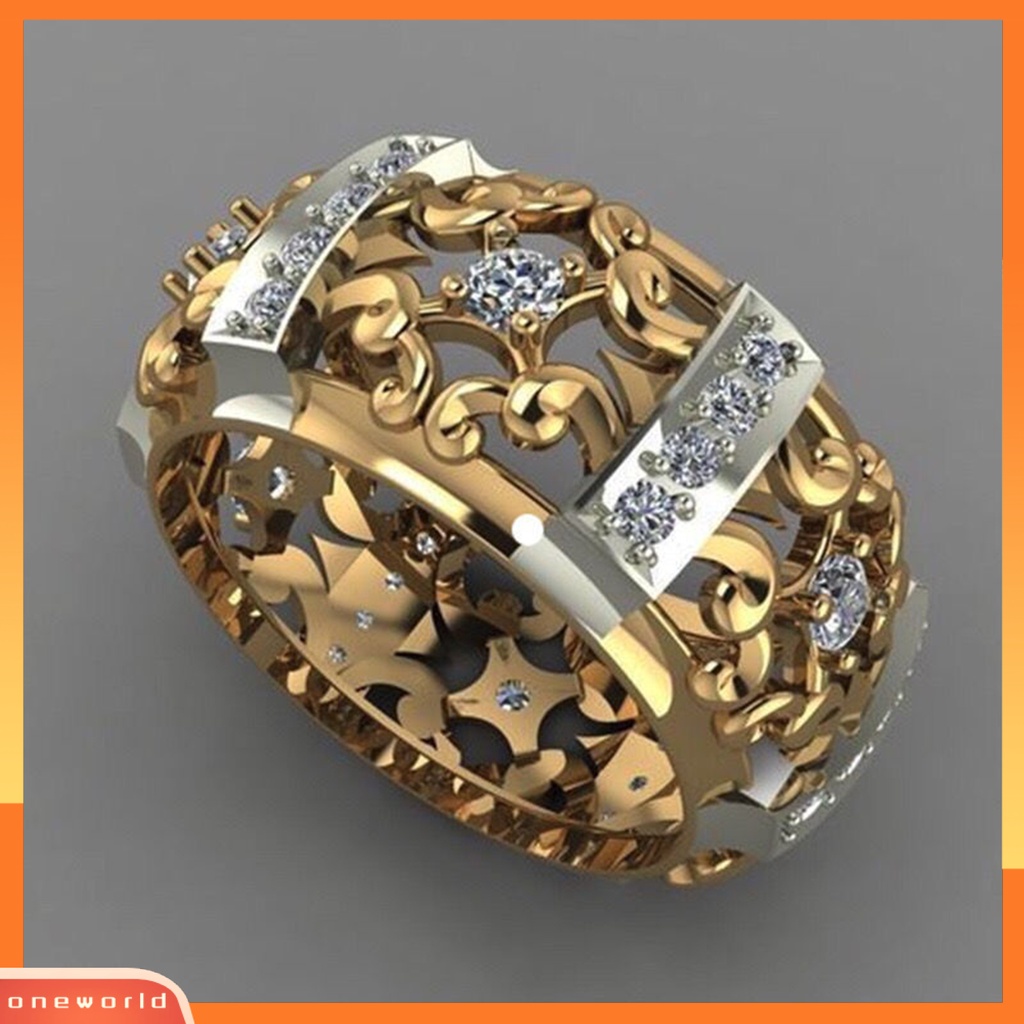 [EONE] Wanita Cincin Gaya Vintage Berongga Ukiran Dua Warna Kuno Bling Cubic Zirconia Ladies Finger Ring Fashion Jewelry