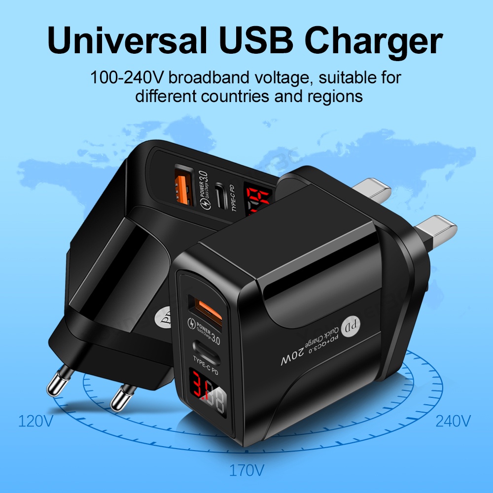 20wpd+qc Digital Display Fast Charging Charger QC3.0 Dual Port LED Charging Adapter Pengisian Cepat Charger Travel Untuk ios Android Tipe C