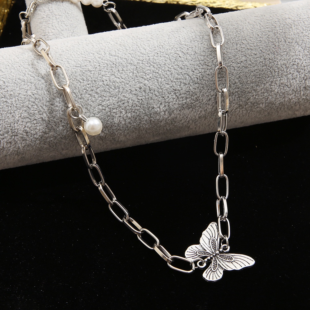 Kalung Liontin Kupu-Kupu Mutiara Simulasi Geometris Vintage Untuk Wanita Aksesoris Perhiasan Hewan