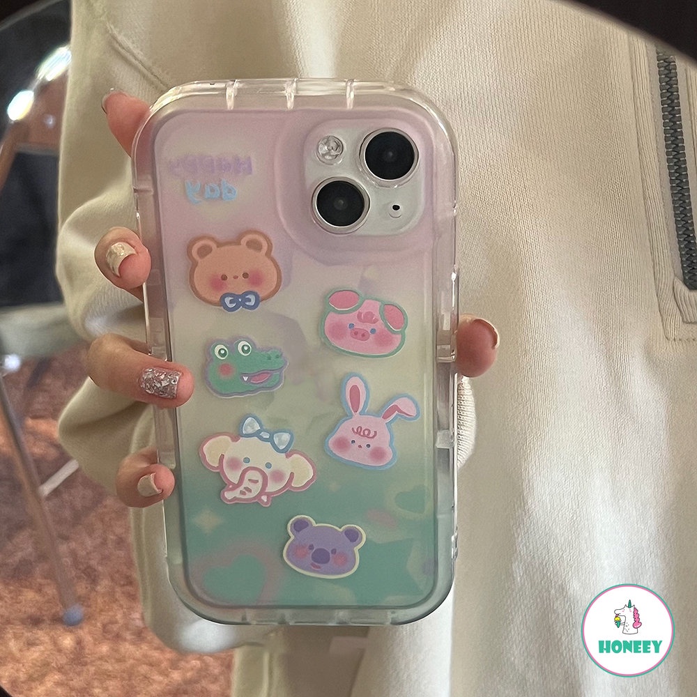 IPHONE Retro Happy Animal Zoo Gradien Casing Ponsel Shell Transparan Untuk Iphone14 13 12 11 Pro Max14 Plus Case Kartun Lucu Soft Cover