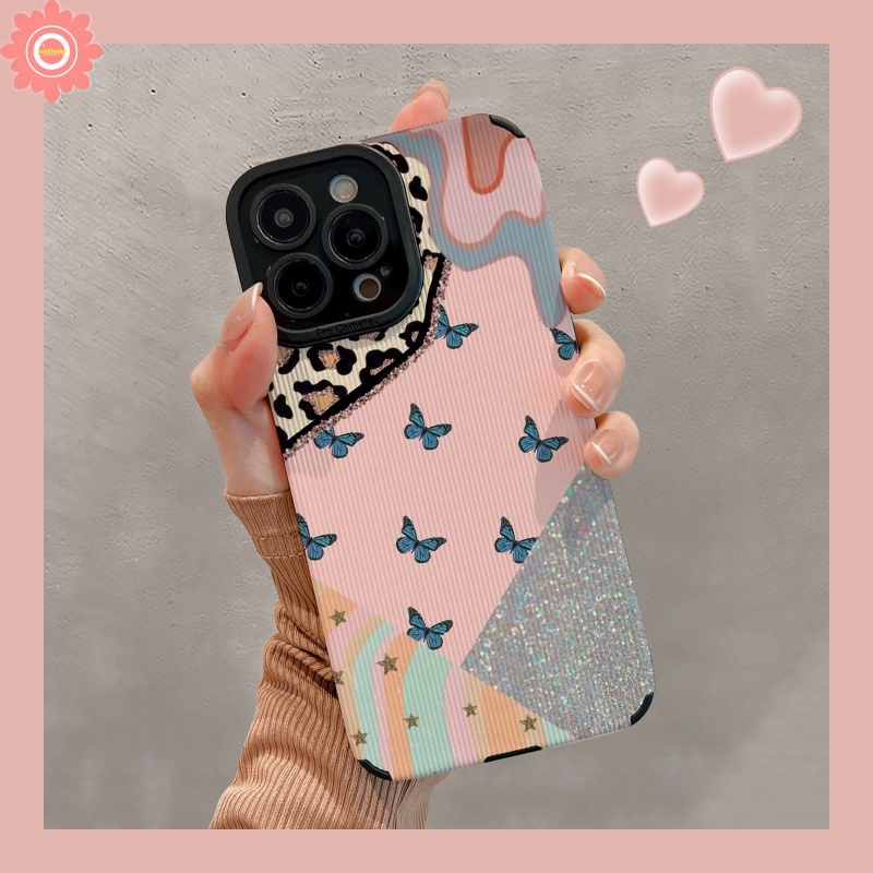 IPHONE Retro Butterfly Phone Case Kompatibel Untuk Iphone11Xr 7 8 Plus 12 13 14 Pro MAX X XS MAX 7Plus Tekstur Kulit Mewah Leopard Bling Jahitan Kontras Shockproof Tpu Soft Cover