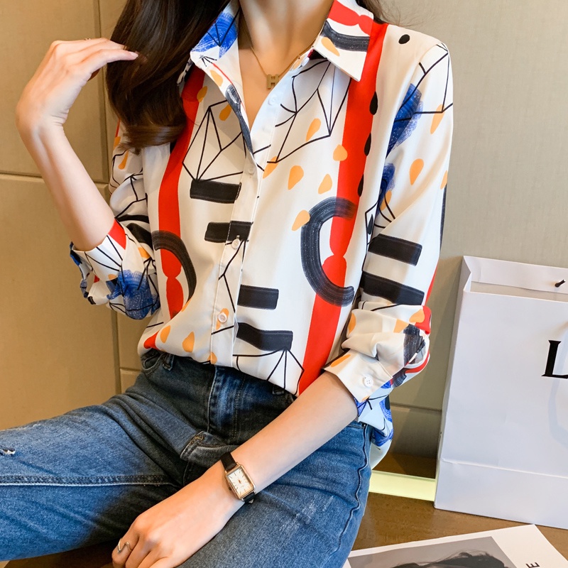 2023 New Fashion Korean White Long Sleeve Women Shirt Personalized Print Casual OL Work Party Tops Clothes