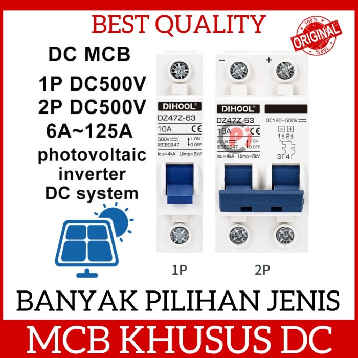 MCB Khusus DC 1P / 2P 125V 400V 10 20 50 63A Untuk PV Solar Panel PLTS