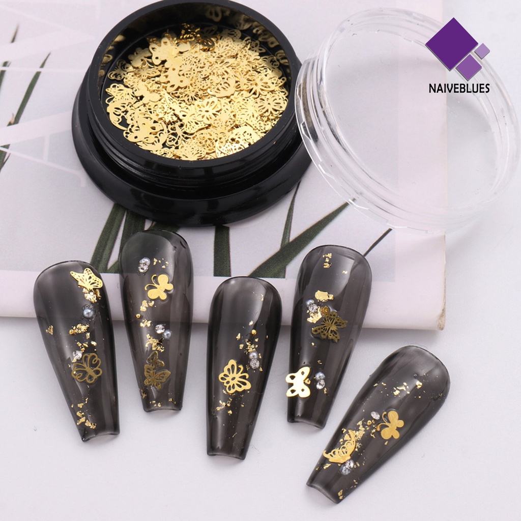 [naiveblues] 1kotak Pesona Nail Art Bersinar Berlubang Kupu-Kupu Mudah Tempel Panjang DIY Removable