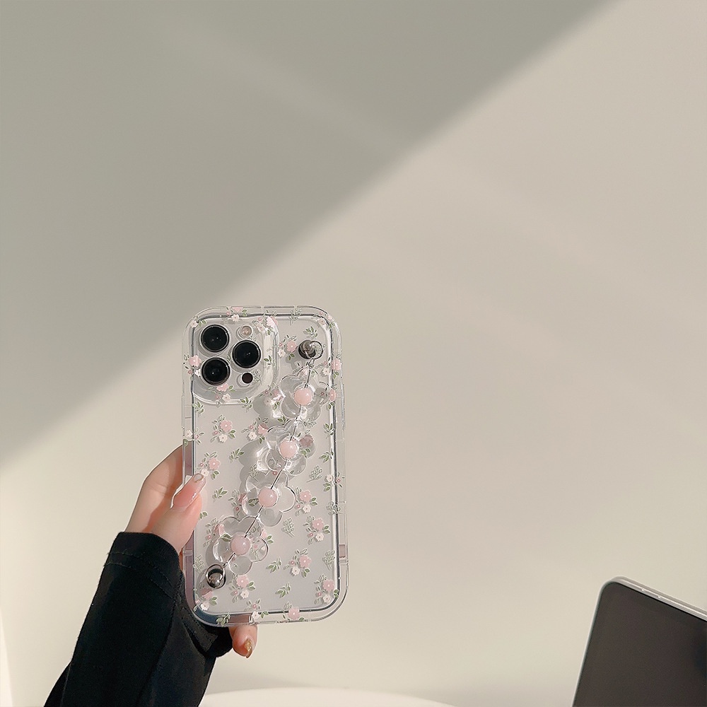 IPHONE Transparan Musim Panas Bunga Merah Muda Perlindungan Penuh Ponsel Case Cover Pelindung Dengan Rantai Bunga 3D Untuk Iphone11 12 13 14 PLUS PRO MAX