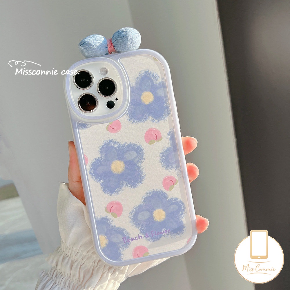 IPHONE Kartun Lucu 3D Ikatan Simpul Menghias Ponsel Case Kompatibel Untuk Iphone11 14 13 12 Pro Max XR X XS Max 7plus7 8 6 6s Plus SE 2020 INS Lukisan Cat Minyak Bunga Biru Musim Panas Peach Soft Case