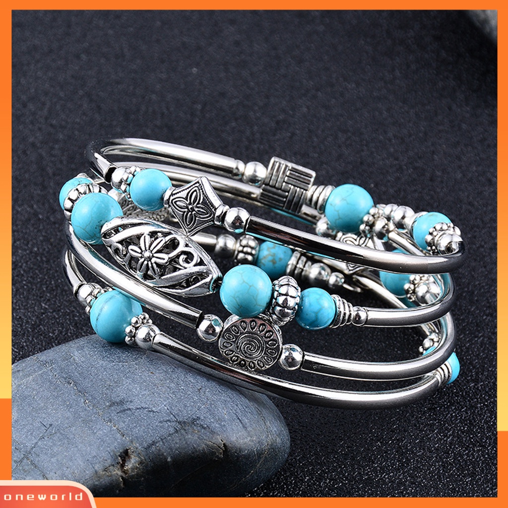 [EONE] Wanita Bangle Batu Alam Etnik Multi Layered Retro Biru Turquoise Beads Bungkus Gelang Perhiasan Aksesoris