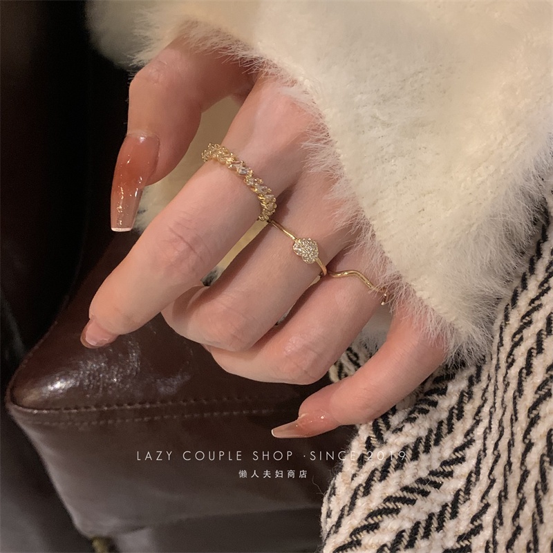 Set Cincin Zirkon Emas Elegan Untuk Wanita Fashion Adjustable Jantung Gelombang Cincin Perhiasan Aksesoris