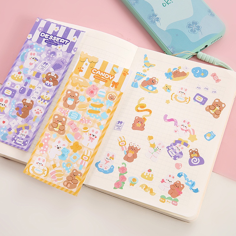 MMM Sticker Kartun Bear Rabbit Hologram Waterproof Stiker Motif Kartun Beruang dan Kelinci Korea Lucu Anti Air Dekorasi Handbook Scrapbook DIY Sticker Botol Minum Tumblr Viral Lucu Murah Cantik