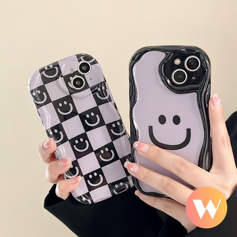 Casing Checkerboard 3D Wavy Curved Edge Kompatibel Untuk iPhone 7Plus 8Plus 11 14 13 12 Pro Max X7 8 6s 6 Plus XR XS Max SE 2020 Smiley Lucu Lembut Airabg Shockproof Glossy Cover