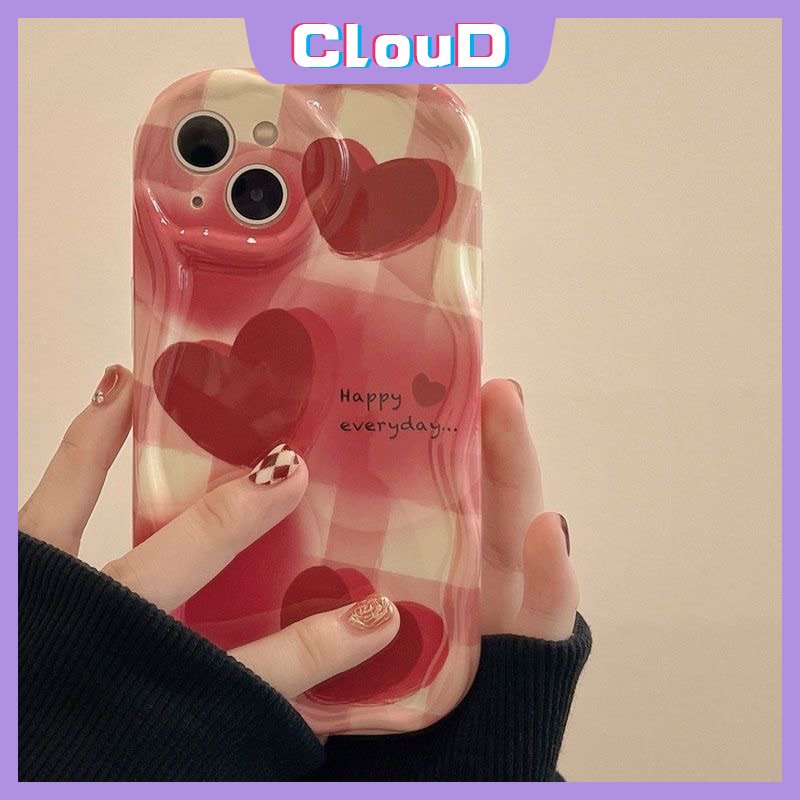 IPHONE Ins Fashion Cinta Hati Case Kompatibel Untuk Iphone11 14 13 12 Pro Max X7 8 6s 6 Plus XS Max 7Plus XR SE 2020 Shockproof Lembut Glossy 3D Wavy Curved Edge Phone Cover