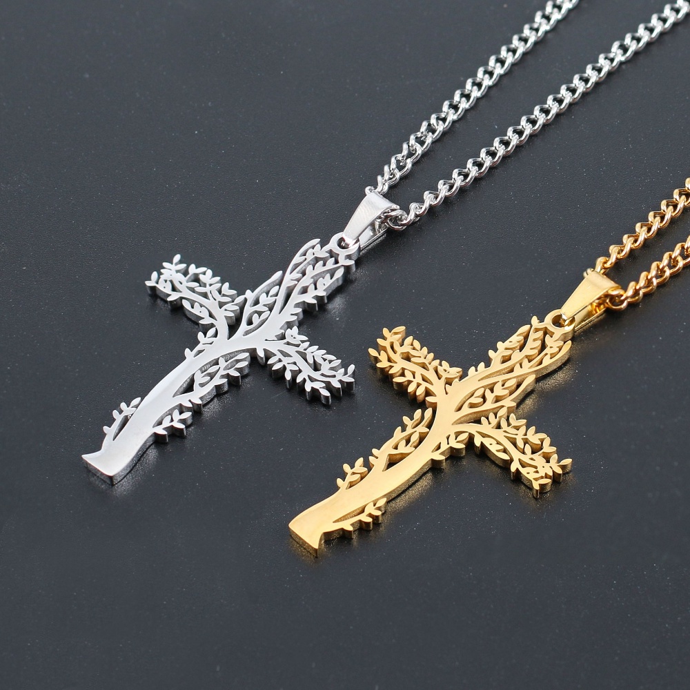 [X C Kalung] Emas &amp; Perak Baru Hip-hop Punk Retro Life Tree Cross ​Kalung titanium Steel Liontin Anti Karat Untuk Perhiasan Hadiah Liburan Pria Dan Wanita