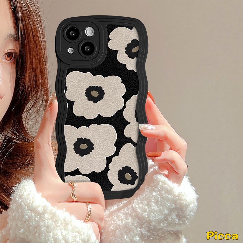 IPHONE Casing Tepi Bergelombang Motif Kotak-Kotak Kompatibel Untuk Iphone11 13 14 12 Pro Max 7Plus XR 7 14 8 6 6s Plus X XS Max SE 2020 Retro Bunga Hitam Lembut Tpu Penutup Belakang