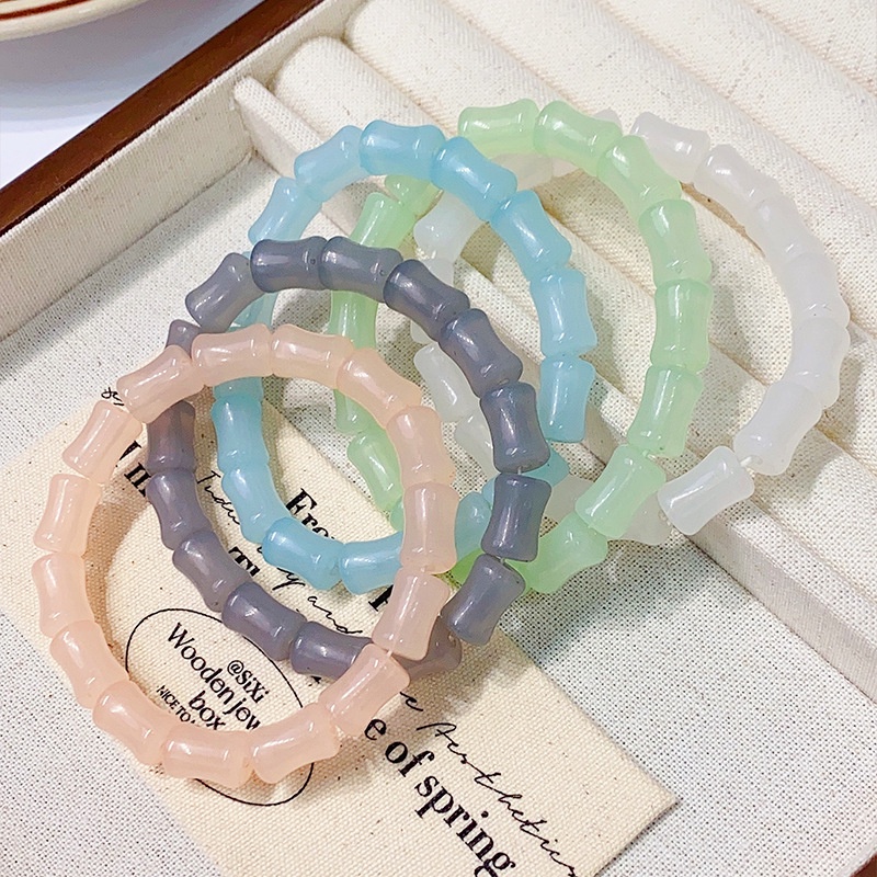 Gelang Resin Bersama Bambu Beruntung Manis/Fashion Warna Solid Manik-Manik Elastis Pesona Gelang Perhiasan Pesta