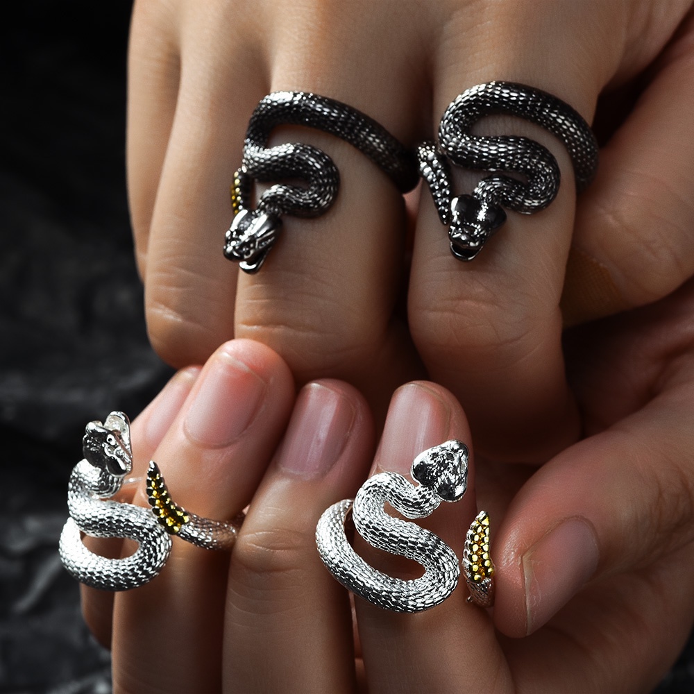 Gothic Rattlesnake Pasangan Adjustable Rings/Wanita Pria Vintage Bentuk Ular Jari Rings Punk Pesta Perhiasan