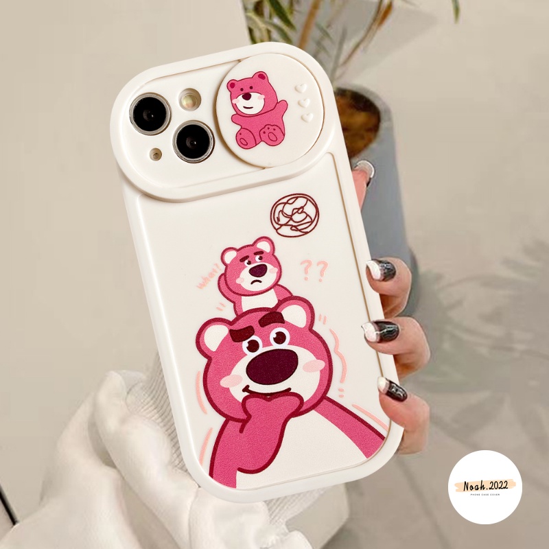 Case Pasangan Disney Kompatibel Untuk IPhone 7Plus 8Plus XR 11 12 13 Pro MAX X XS MAX Kartun Strawberry Bear Manyo Lucu Winnie the Pooh Tarik Jendela Kamera Perlindungan Soft Cover