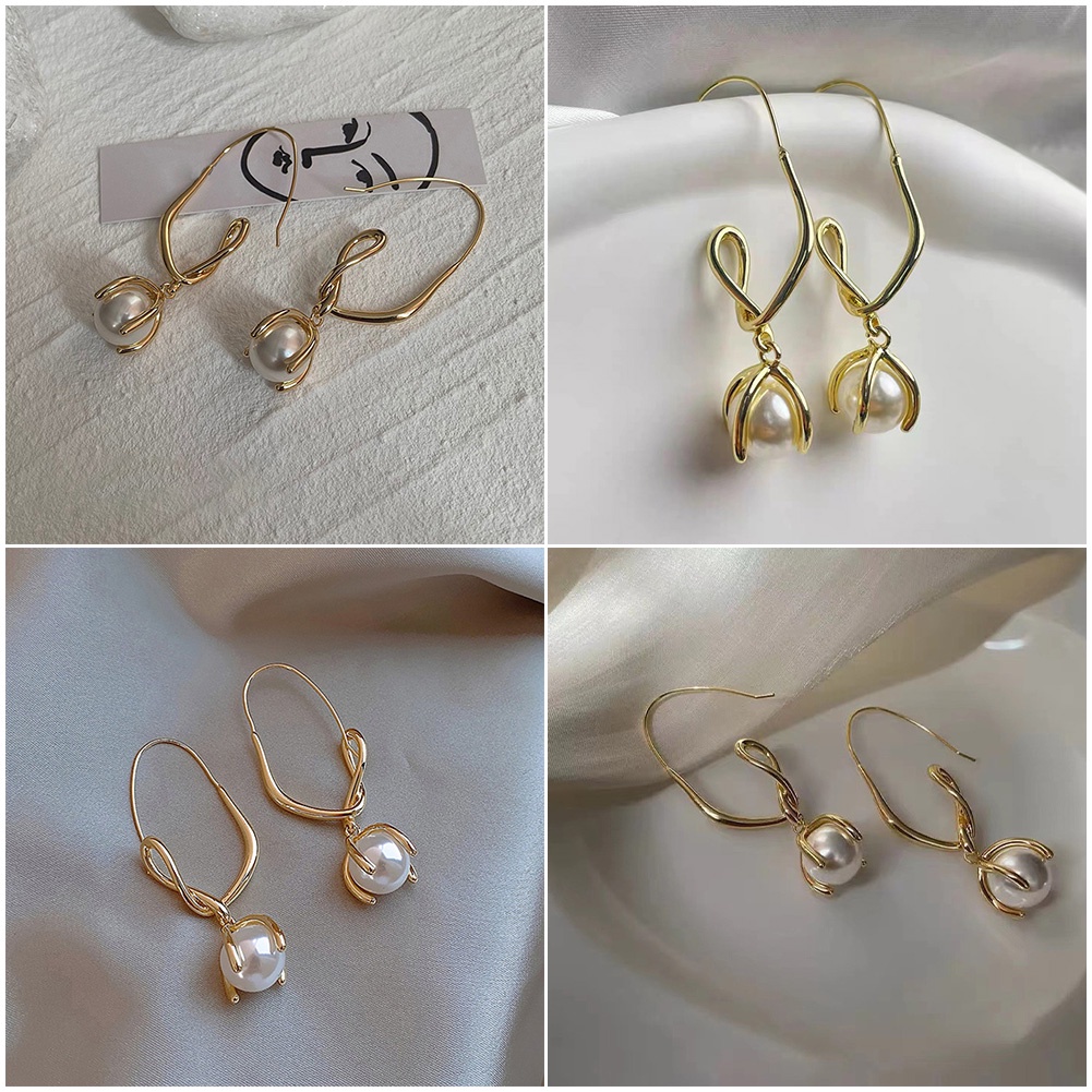 1pasang Anting Mutiara Imitasi Retro Sederhana Temperamen Elegan Anting Drop Panjang Geometris Untuk Wanita