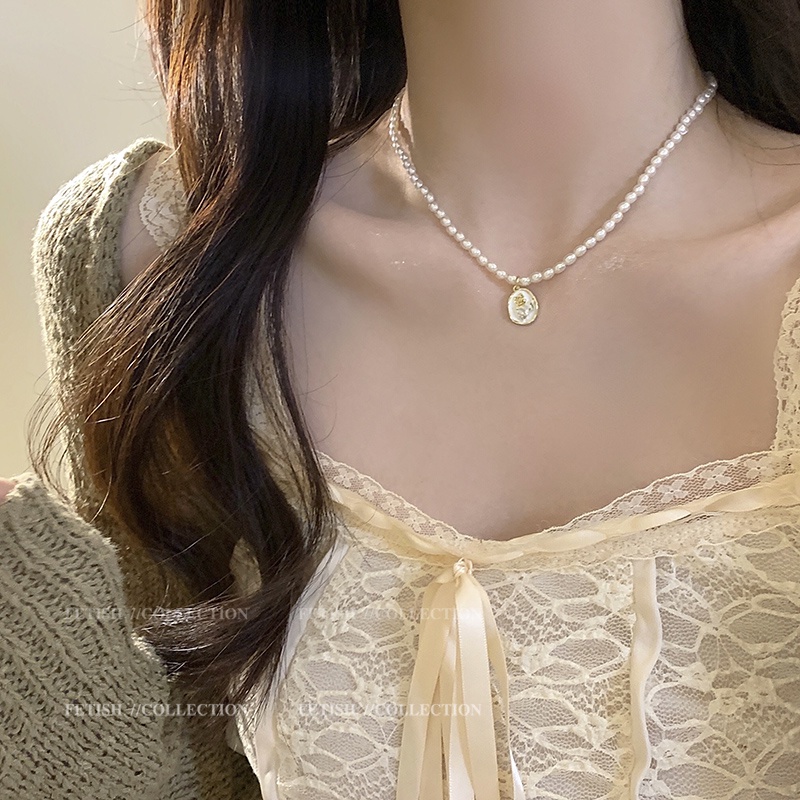 Vintage Pearl Beads Necklace Choker Rose Coin Kalung Liontin Emas Untuk Aksesoris Perhiasan Wanita