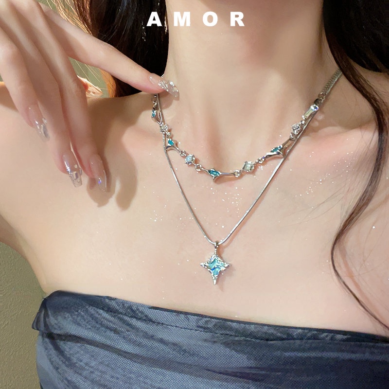 Kalung choker zircon Bintang Biru Berlapis Ganda Perempuan Musim Panas