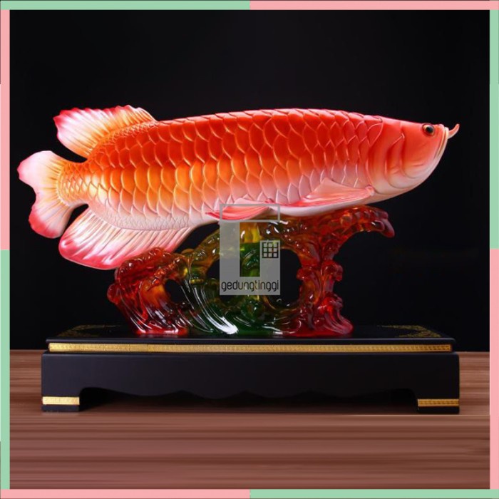 Patung Pajangan Hiasan Ikan Arwana Arowana Golden Silver Red Supered Gold Albino Kuning Hb Pino Blue Base Bluebase Mata Merah Jardini Jardin Crossback Brazil Banjar Hadiah Kado Fengshui Fengsui Feng Shui Rejeki Hoki Meja Kantor Batu Resin Baby Besar Jumbo