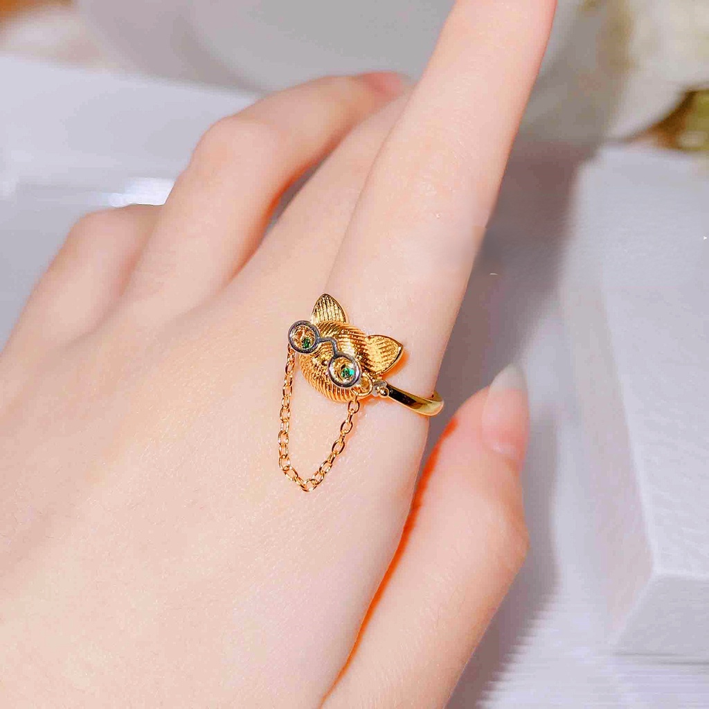 Aksesoris Perhiasan Fashion Goldkingdom Ready Stock Disetrika Tangan Dr. Cincin Kucing Zamrud Lucu Kartun Pacar Cincin Terbuka