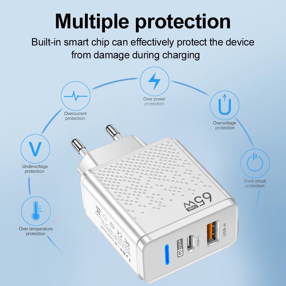 65w EU/US/UK Plug Fast Charger 2in1 USB-C USB-A Quick Charging Adapter Dual Port PD Power Delivery Charging Block GaN QC3.0 Charger Dinding Untuk Laptop Tablet Ponsel