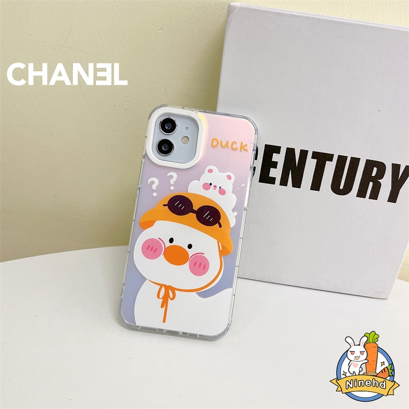 Casing Kompatibel untuk iPhone 14 13 12 11 Pro Max X Xr Xs Max 8 7 Plus SE 2020 Pola Bebek Lucu Bingkai Ponsel Karet Lembut Bingkai Laser Tombol Bening Tahan Guncangan Penutup Belakang TPU Lembut